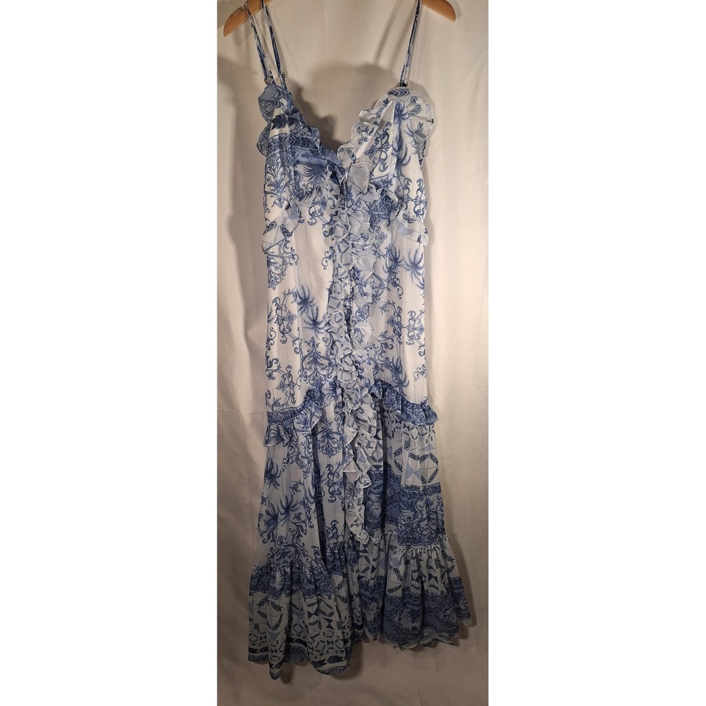 PatBO Amalfi Blue White Ruffle Chiffon Maxi Dress Womens Size L Brazil